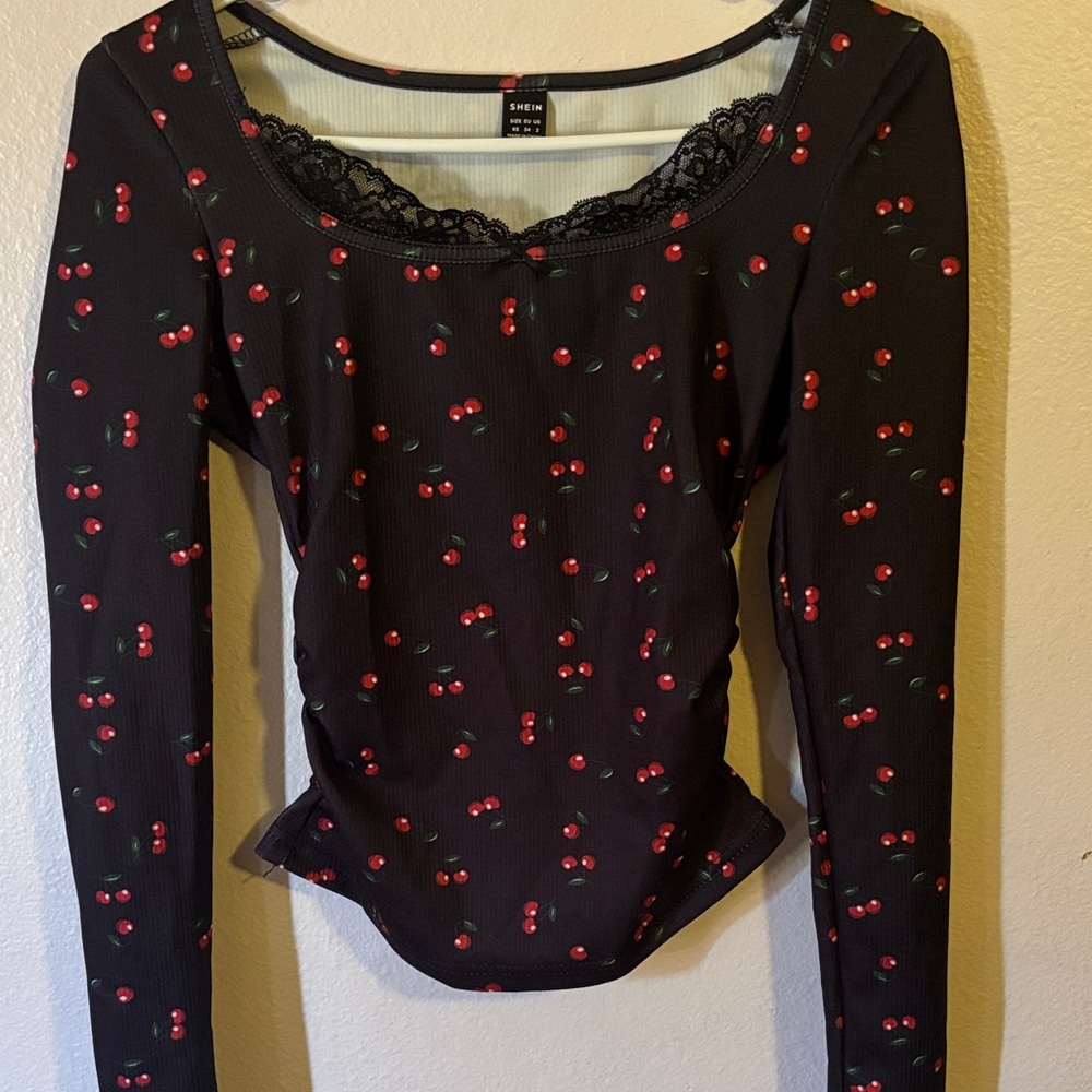 Woman’s Black Long Sleeve Cherry Print Blouse, With Lace Trim, Size XS